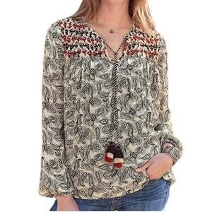 Sundance Boho Blouse | Embroidered Ruching Details With Tassel Ties